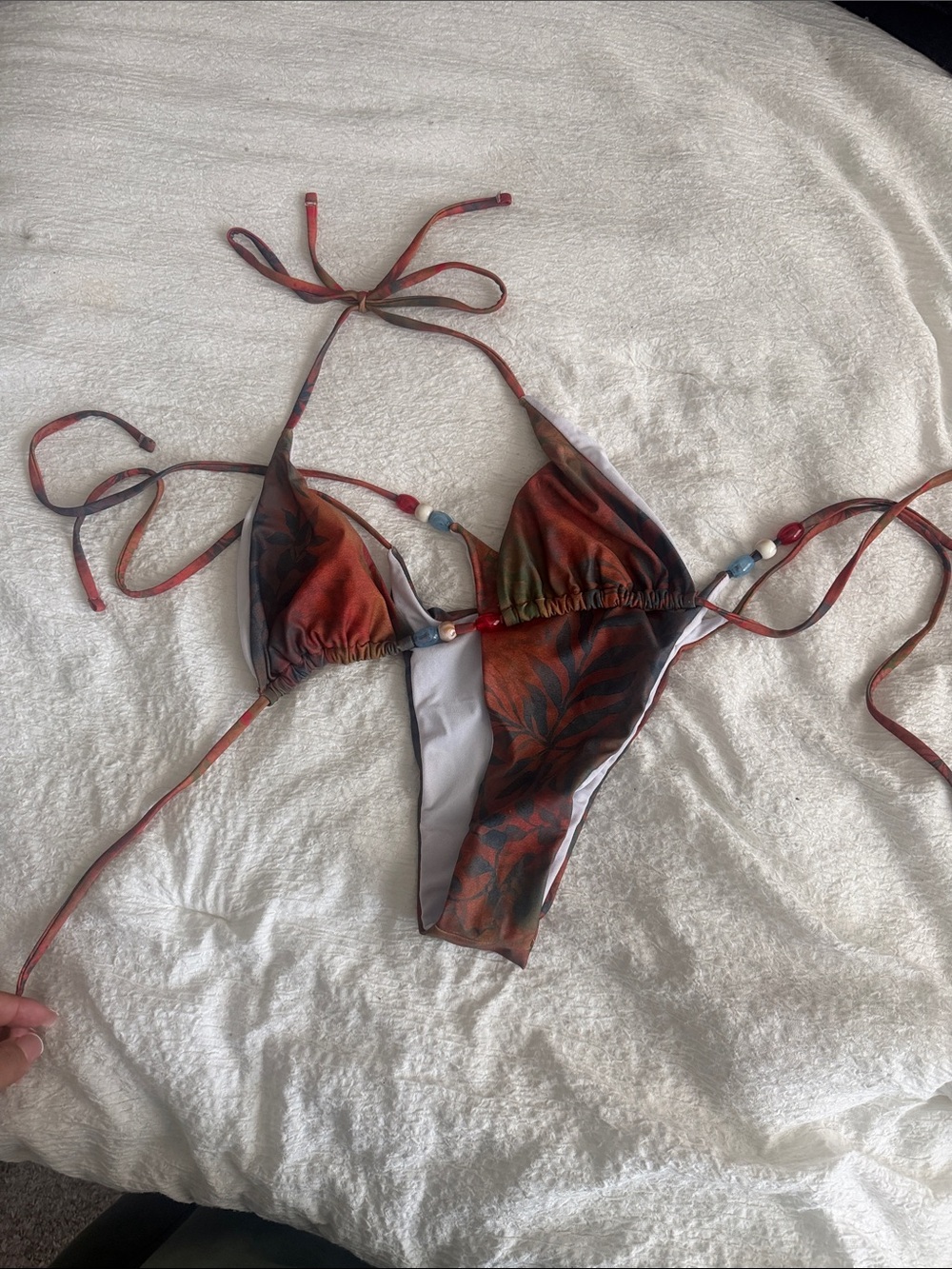 Rust Red Leaf Print String Bikini Top